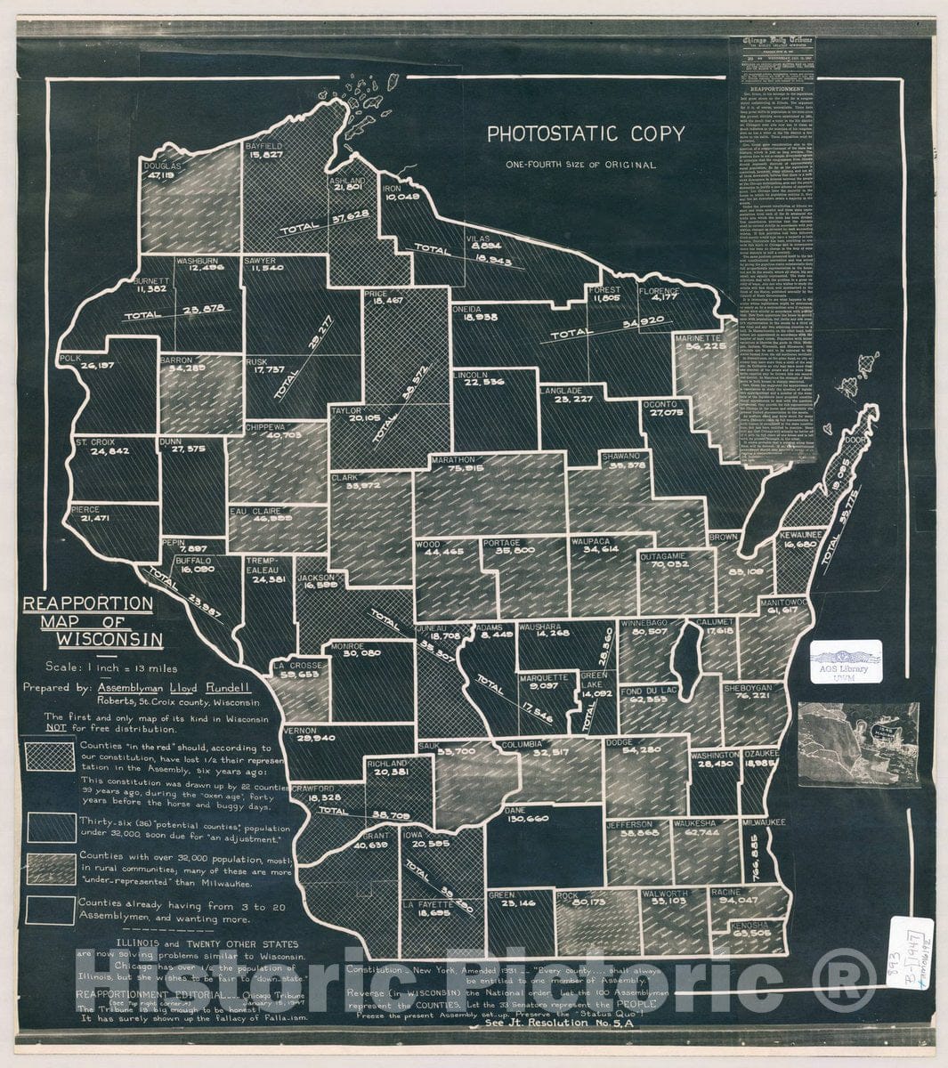 Map : Wisconsin 1947, Reapportion map of Wisconsin : the first and onl ...
