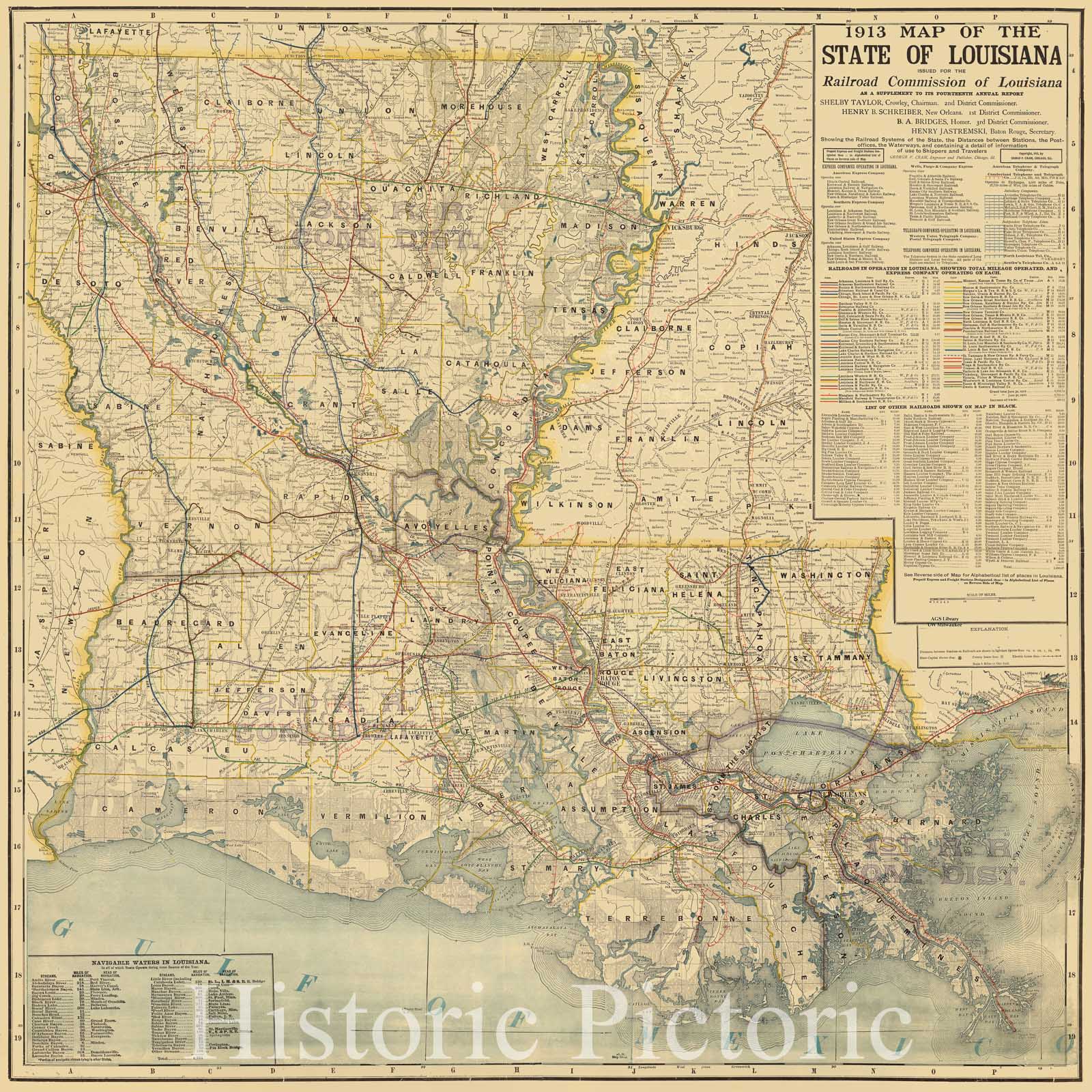 Map : Louisiana 1913, 1913 map of the state of Louisiana , Antique Vintage Reproduction