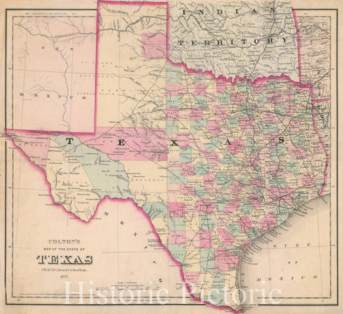 Map : Texas 1876, Colton's map of the state of Texas, Antique Vintage Reproduction