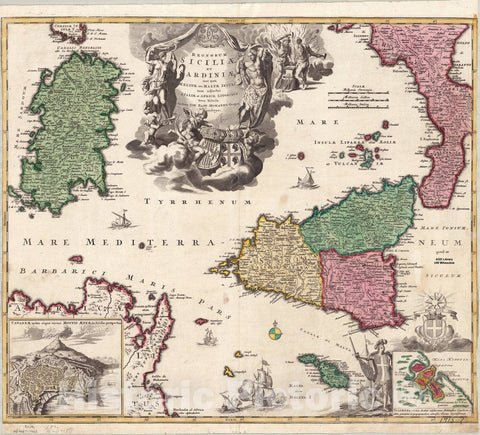 Map : Sicily and Sardinia 1715, Regnorum Siciliae et Sardiniae nec non Melitae, seu Maltae insulae cum adjectis Italiae et Africae litoribus nova tabula