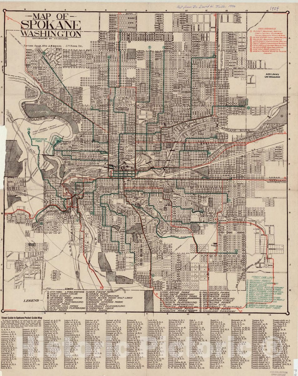 Map : Spokane, Washington 1924, Map of Spokane, Washington, Antique Vintage Reproduction