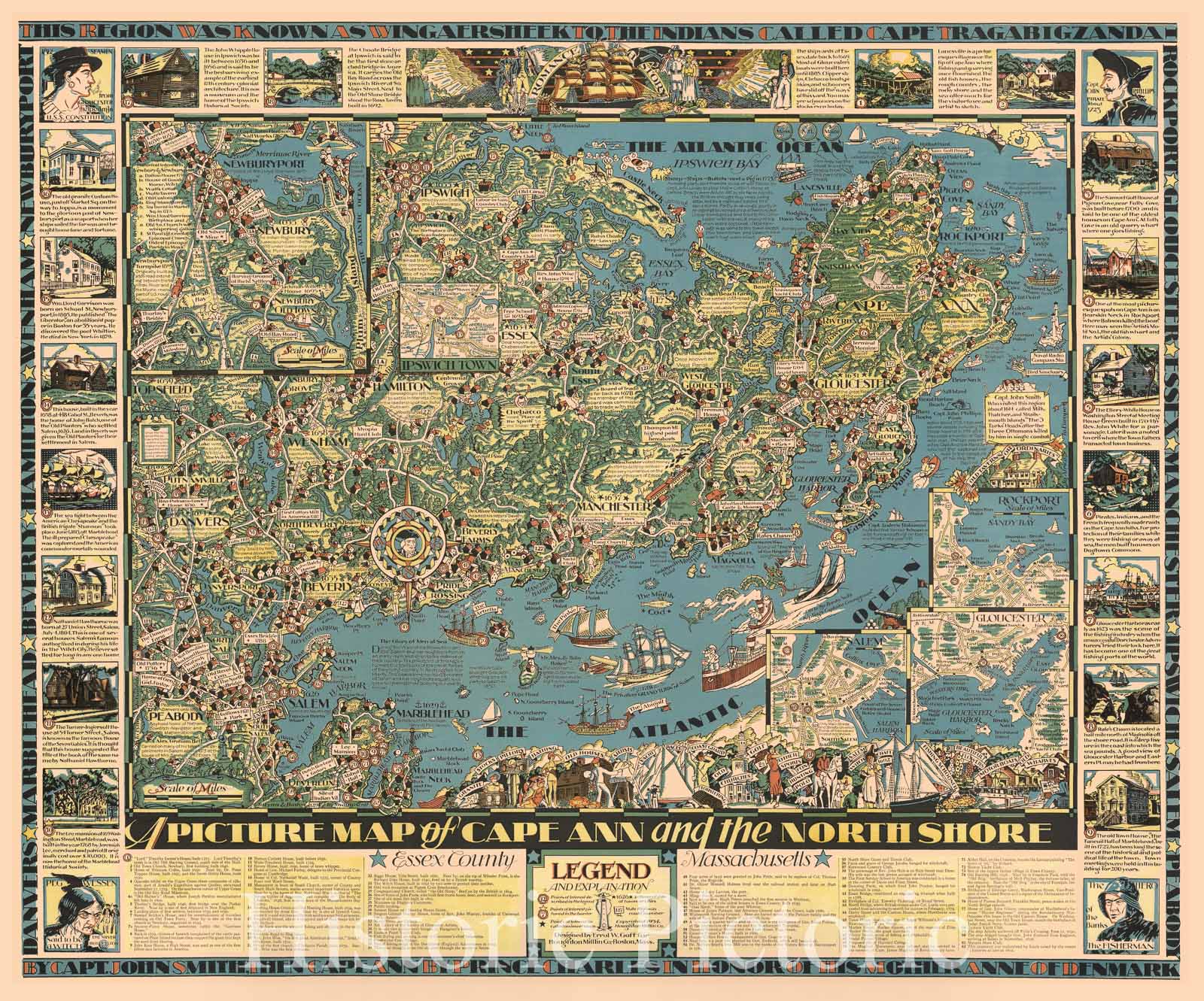 Map : Cape Ann Region, Massachusetts 1934, A picture map of Cape Ann and the north shore , Antique Vintage Reproduction