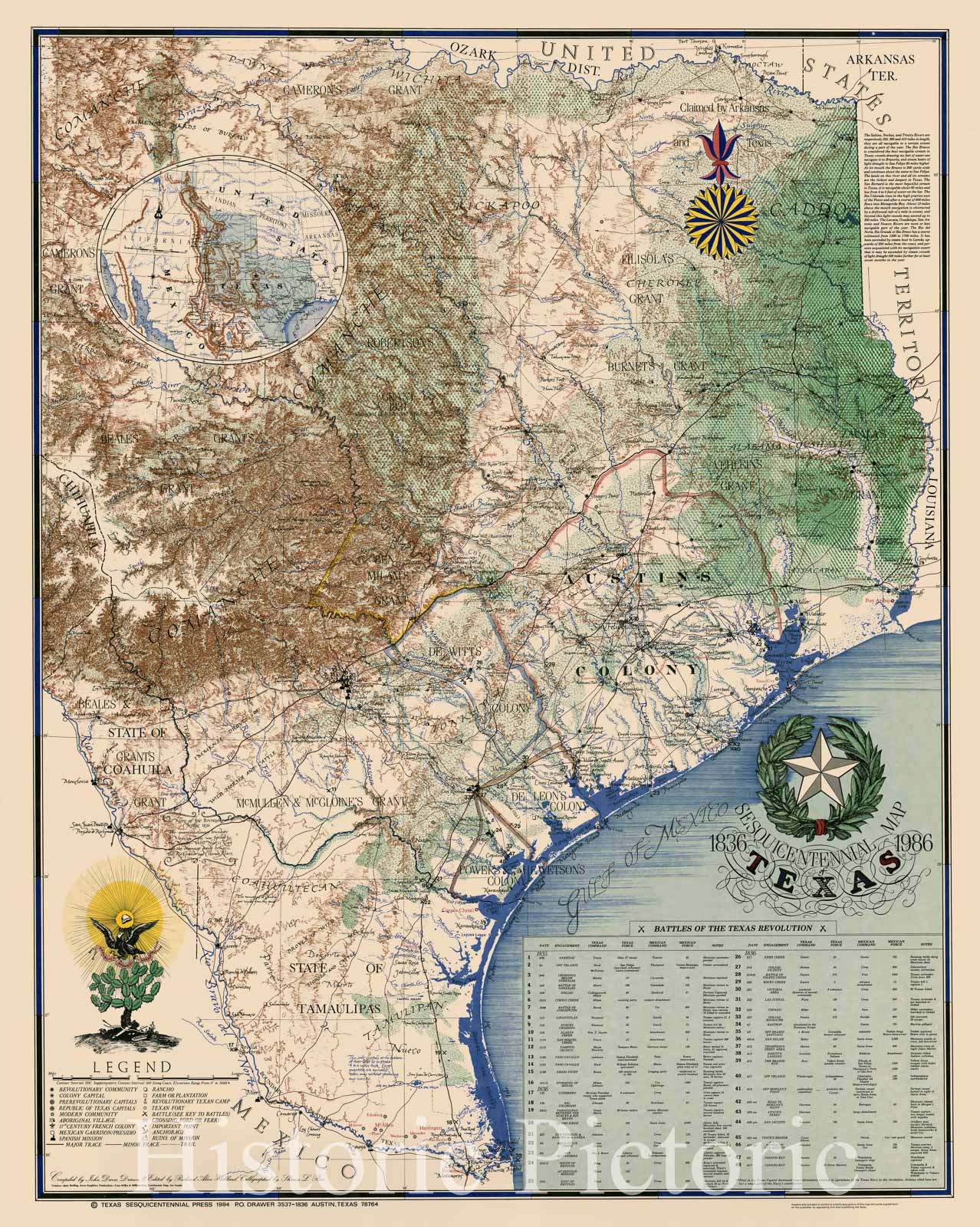 Map : Texas 1836 1984, Texas, 1836-1986, sesquicentennial map , Antique Vintage Reproduction