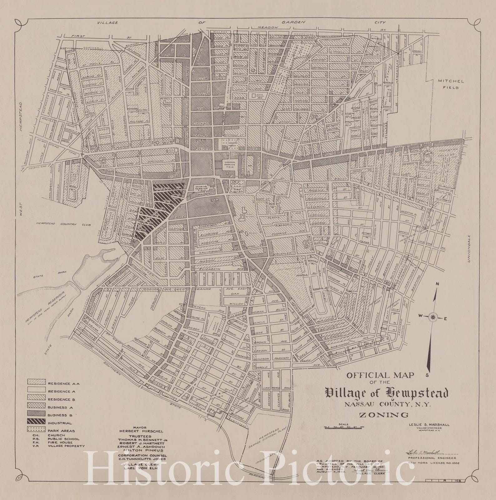 Map : Hempstead, New York 1942, Official map of the Village of Hempstead, Nassau County, N.Y., zoning , Antique Vintage Reproduction