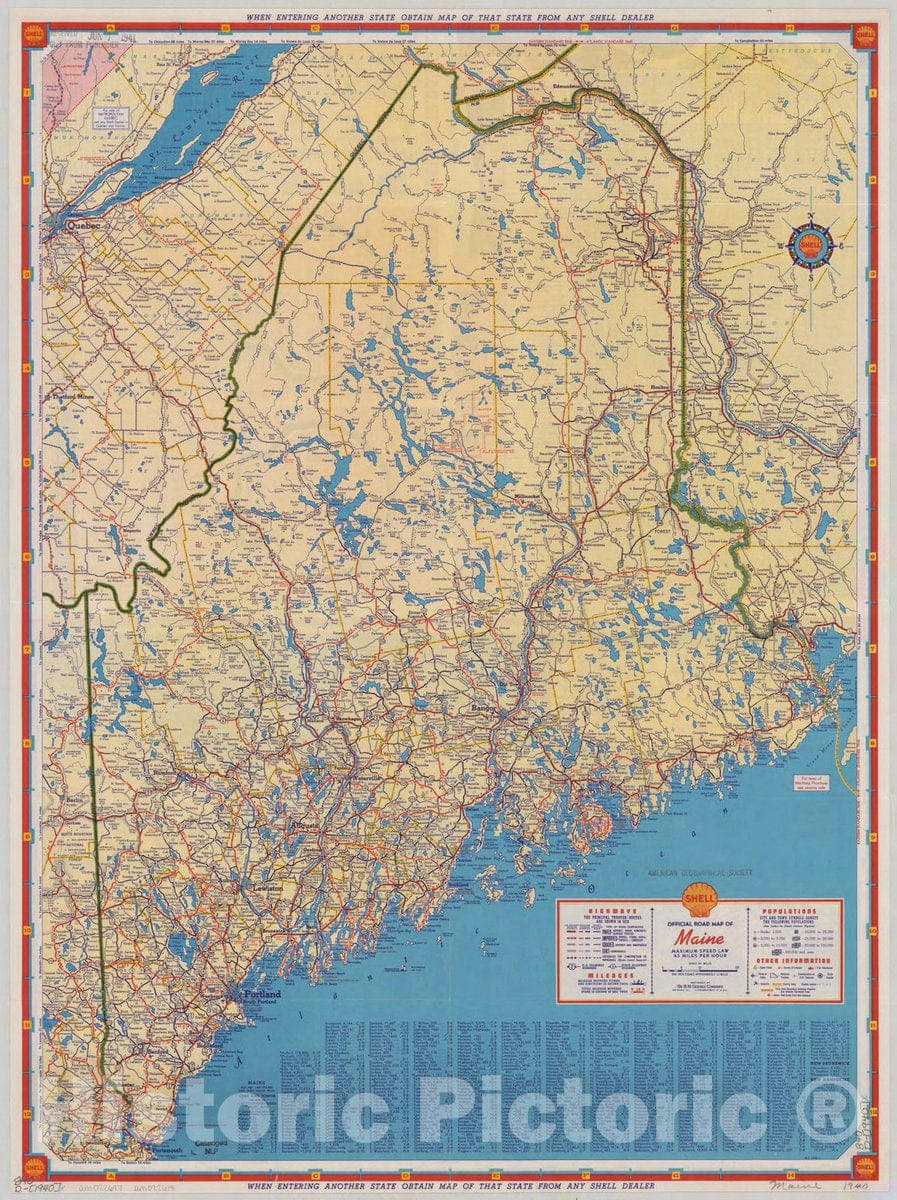 Map : Maine 1940, Shell map of Maine and Maritime Provinces , Antique Vintage Reproduction