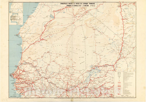 Map : Africa 1949 2, Principales routes et pistes de l'Afrique Francaise , Antique Vintage Reproduction