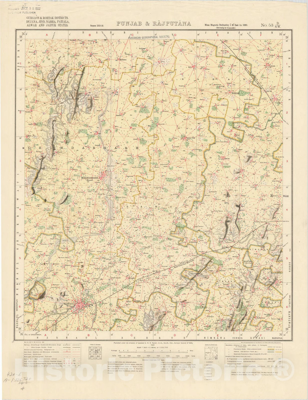 Map : Gurgaon & Rohtak Districts, Dujana, Jind, Nabha, Patiala, Alwar and Jaipur States, Punjab & Rajputana No. 53 D/S.W. 1921, India and adjacent countries