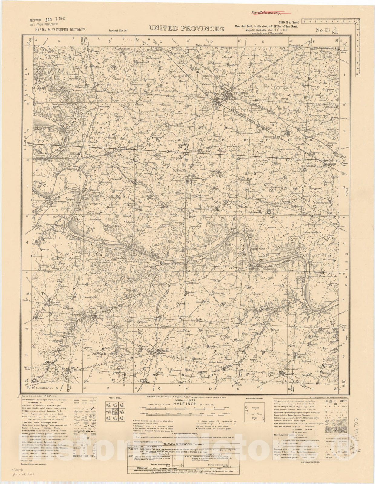 Map : Banda & Fatehpur Districts, United Provinces, No. 63 C/N.E. 1943 ...