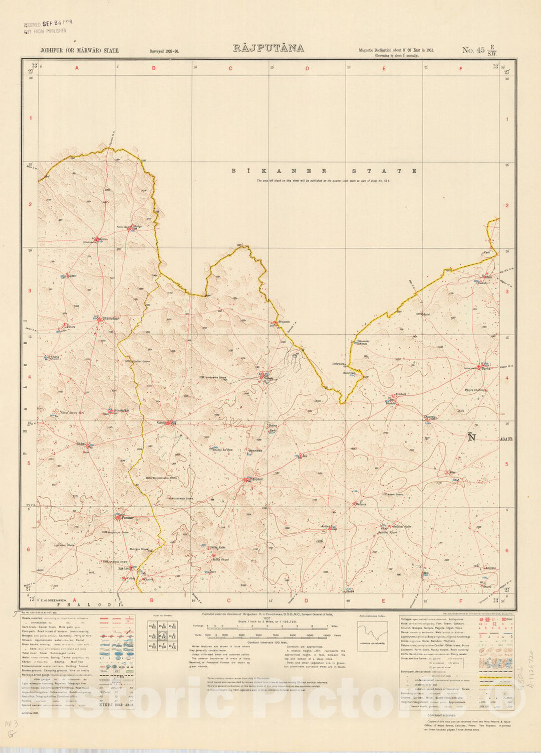 Map : Jodhpur (or Marwar) State, Rajputana, No. 45 E/S.W. 1937, India and adjacent countries, Antique Vintage Reproduction