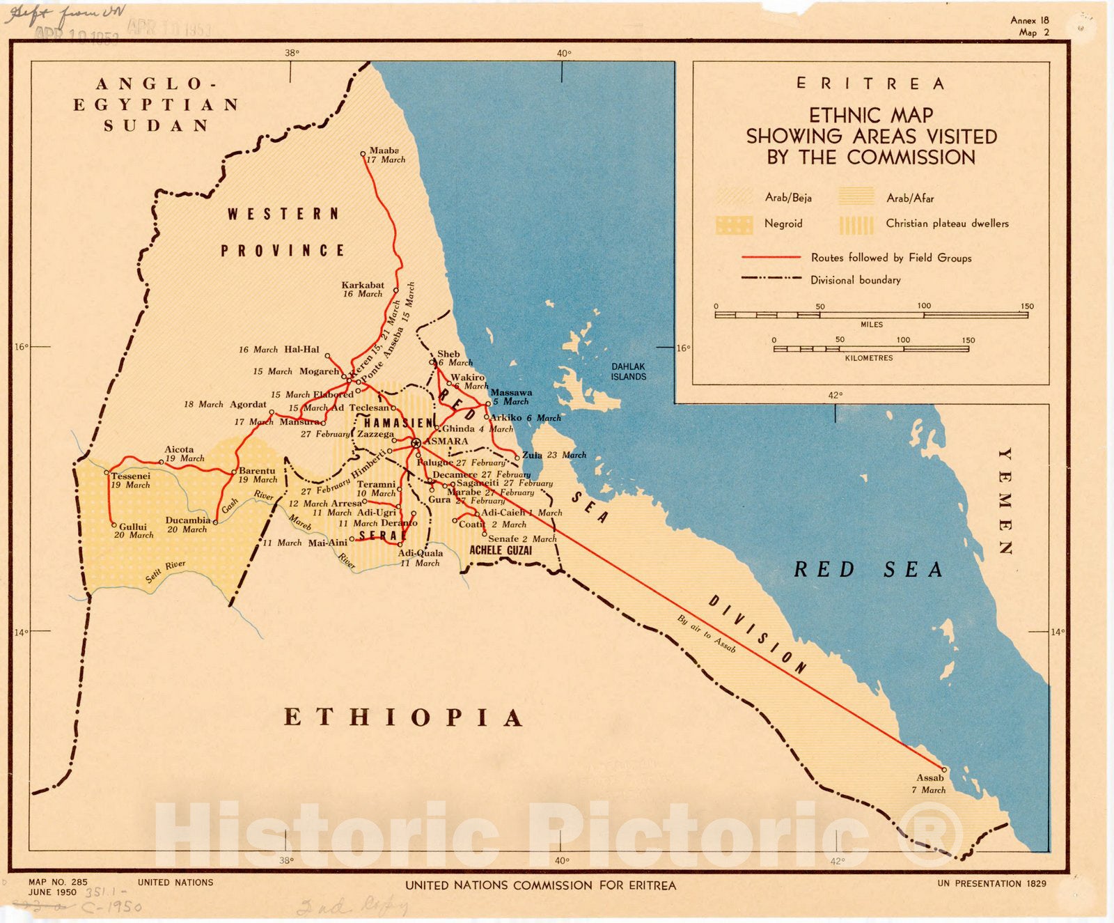 Map : Eritrea 1950, Eritrea ethnic map showing areas visited by the commission, Antique Vintage Reproduction