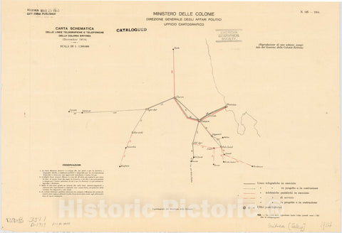 Map : East Africa 1914, Carta schematica delle linee telegrafiche e telefoniche della colonia Eritrea (Dicembre 1914) , Antique Vintage Reproduction