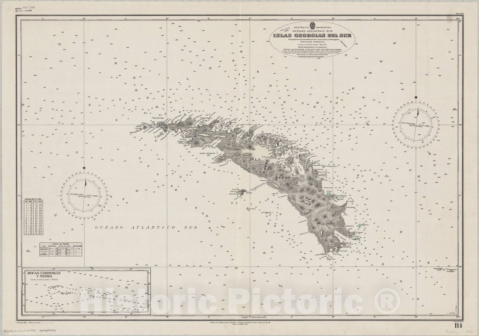 Map : South Georgia 1952, Republica Argentina, Oceano Atlantico Sur, Islas Georgias del Sur , Antique Vintage Reproduction