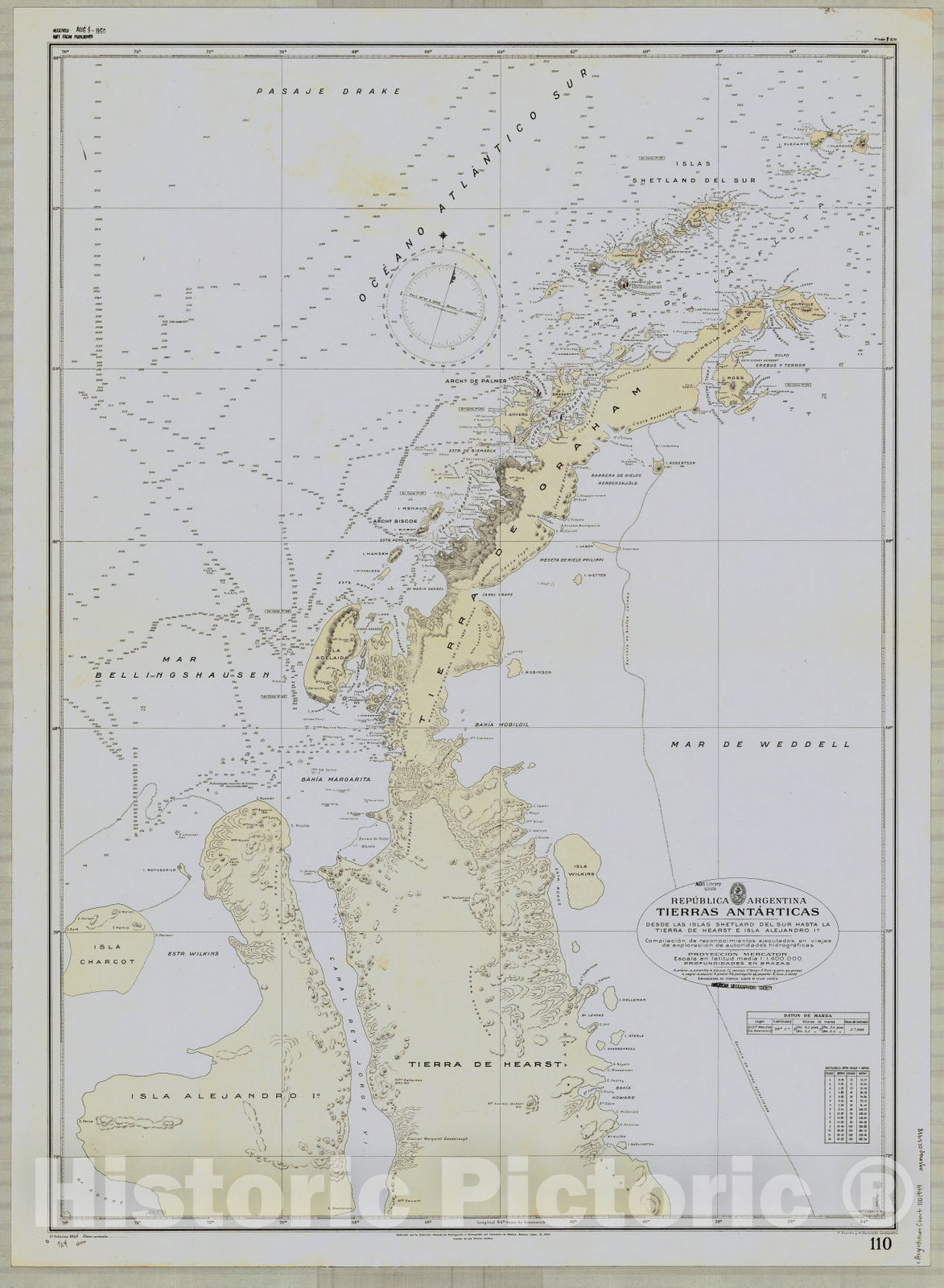 Map : Graham Land, Antarctica 1949, Repu?blica Argentina, Tierras Anta?rticas, desde Las Islas Shetland del Sur hasta la Tierrra de Hearst e Isla Alejandro 1?