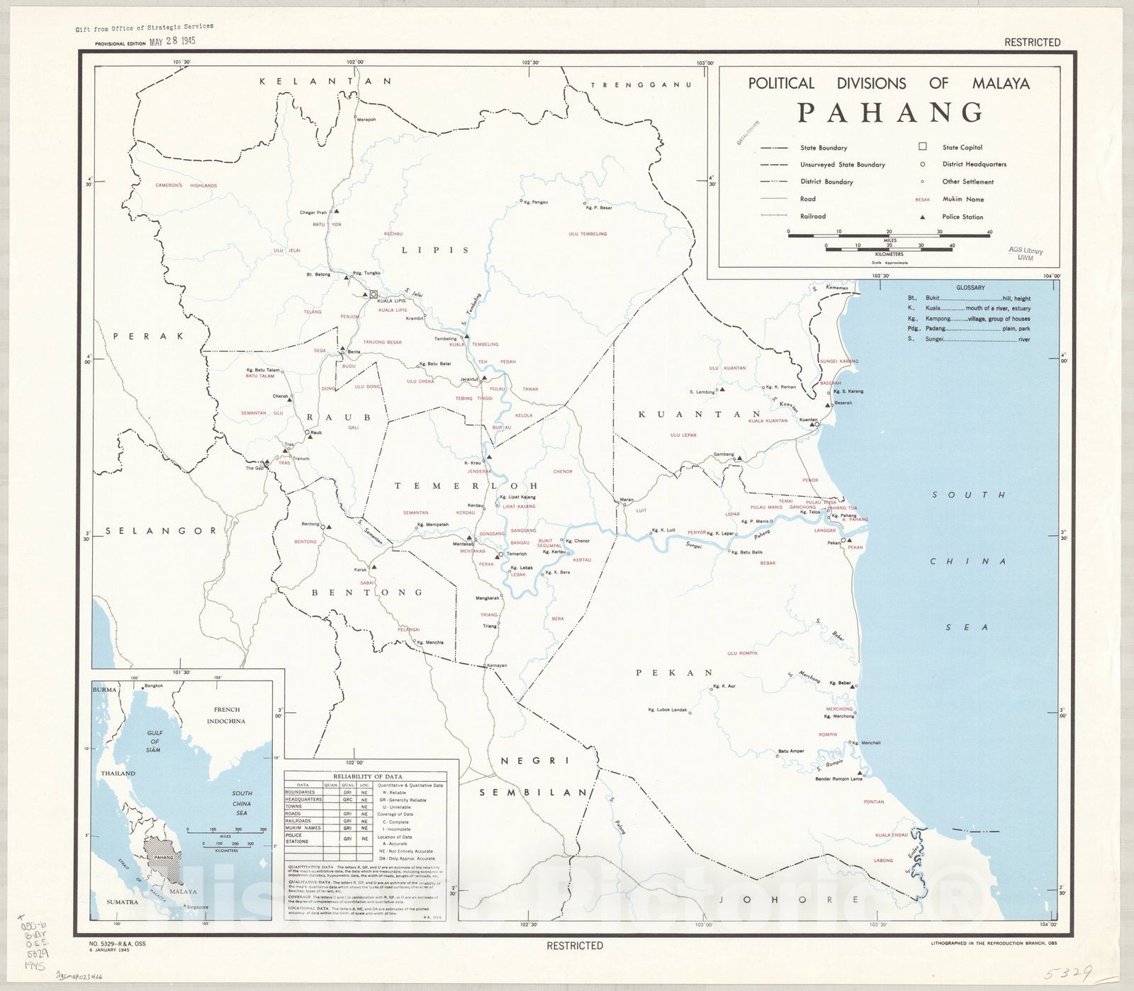Map : Pahang, Malaysia 1945, Political divisions of Malaya, Pahang , Antique Vintage Reproduction