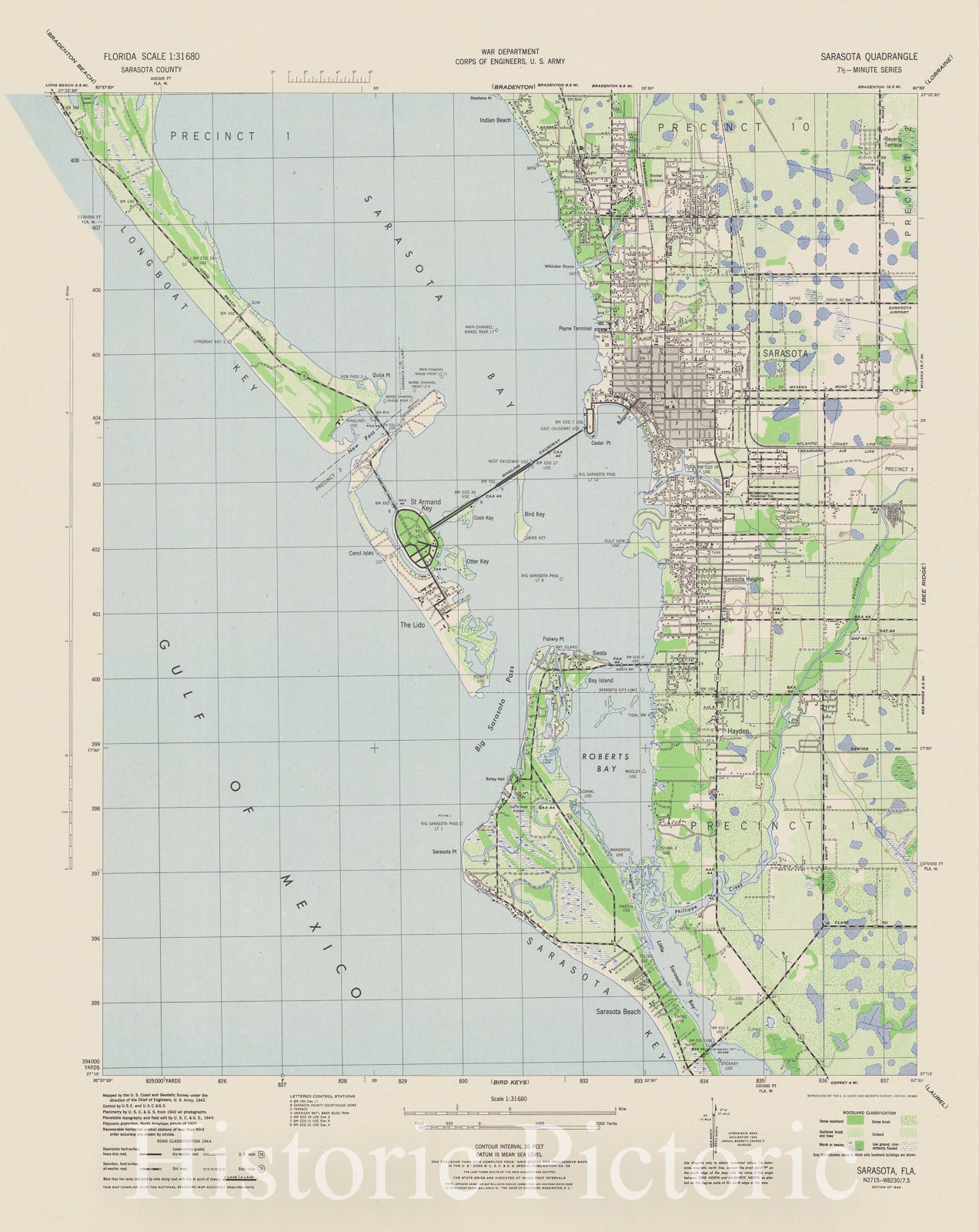Map : Sarasota county, Florida 1944, Florida scale 1:31680, Sarasota County, Sarasota quadrangle, Antique Vintage Reproduction