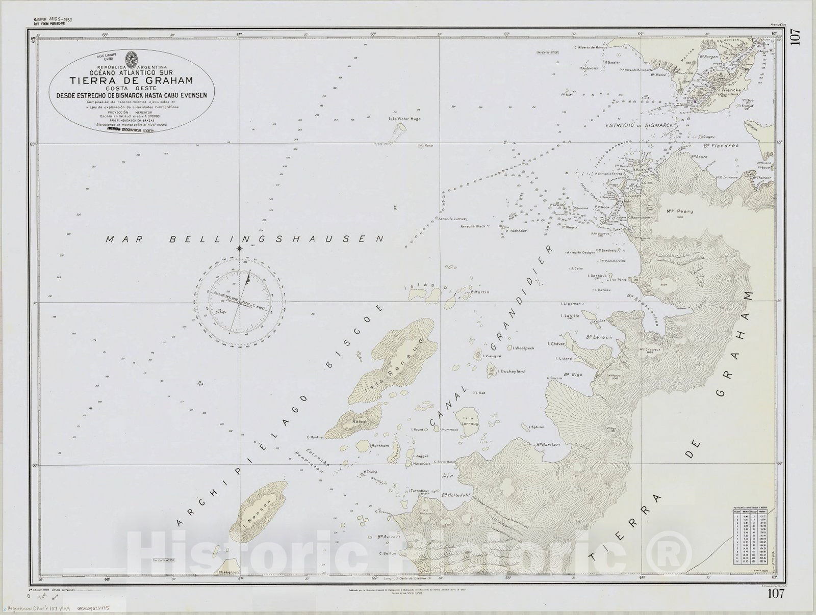 Map : Graham Land, Antarctica 1949, Republica Argentina, Oceano Atlantico Sur, Tierra de Graham, costa oeste, desde estrecho de Bismarck hasta Cabo Evensen