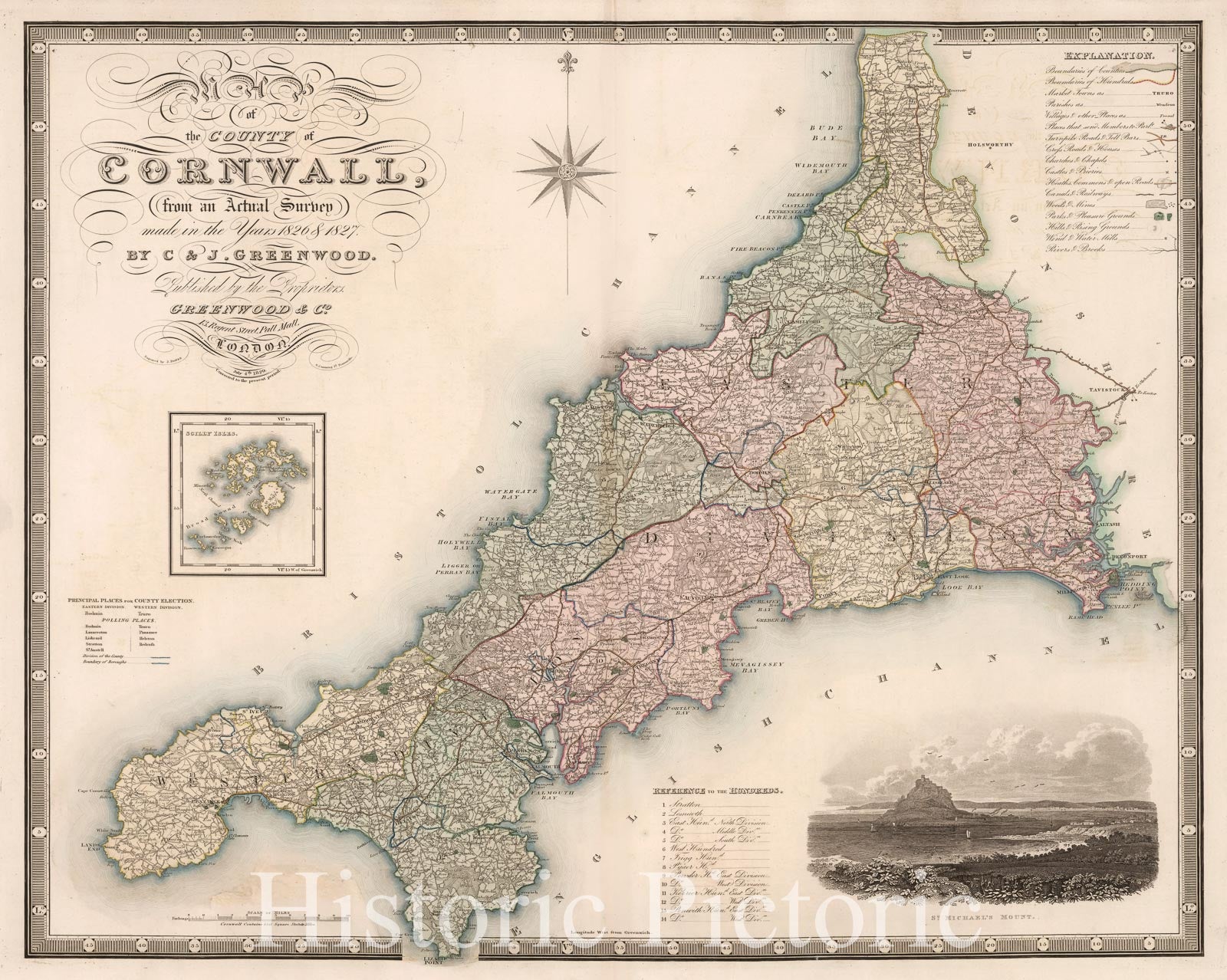 Map : Cornwall, England 1829, Map of the county of Cornwall : from an actual survey made in the years 1826 & 1827 , Antique Vintage Reproduction