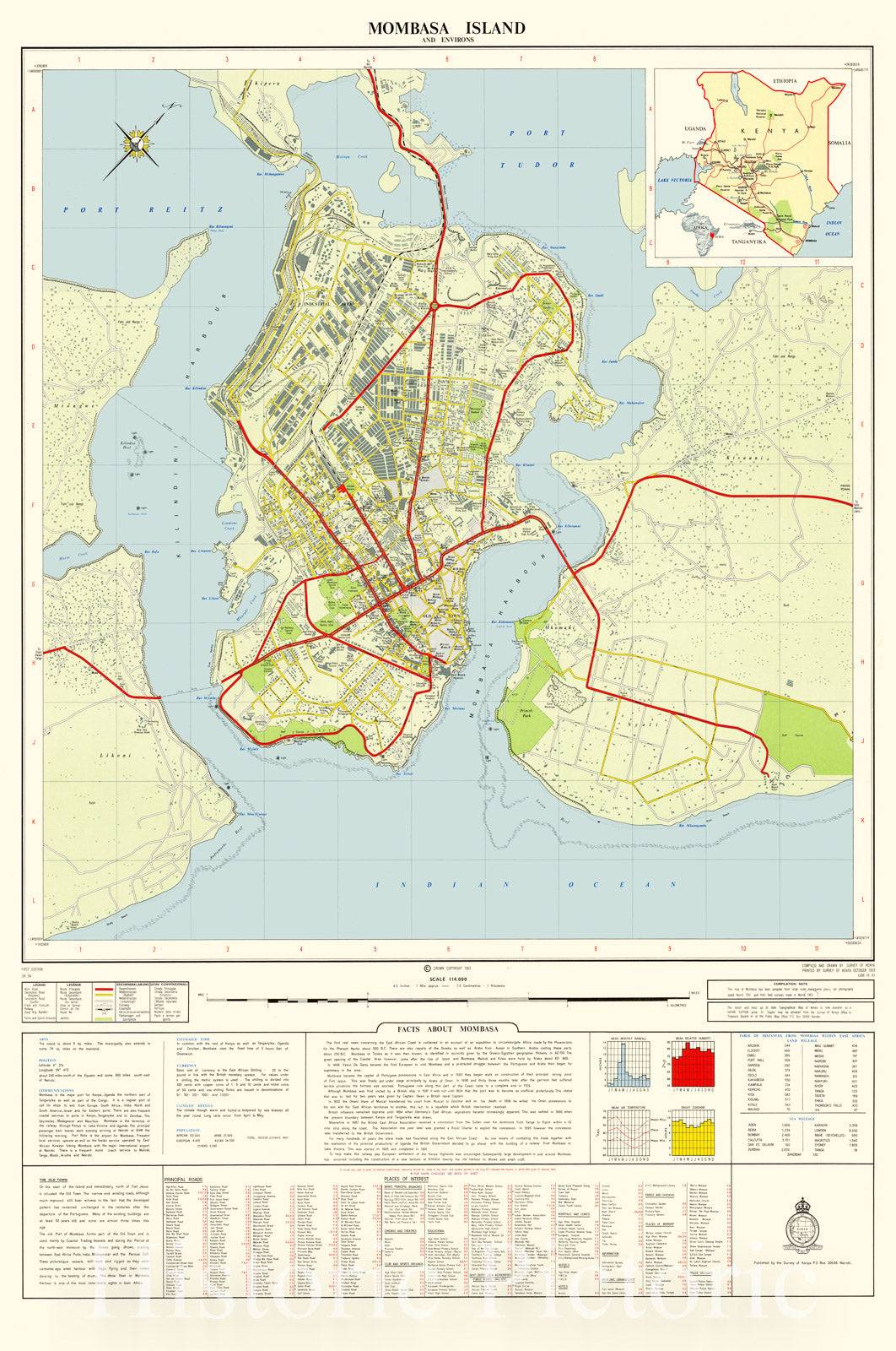 Map : Mombasa, Kenya 1963, Mombasa island and environs , Antique Vintage Reproduction