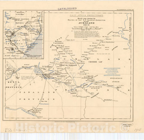 Map : Kenya 1915, East Africa Protectorate, sketch map showing the routes of capt. R.E. Salkeld's expedition through Jubaland 1913-14. Jubaland, Salkeld
