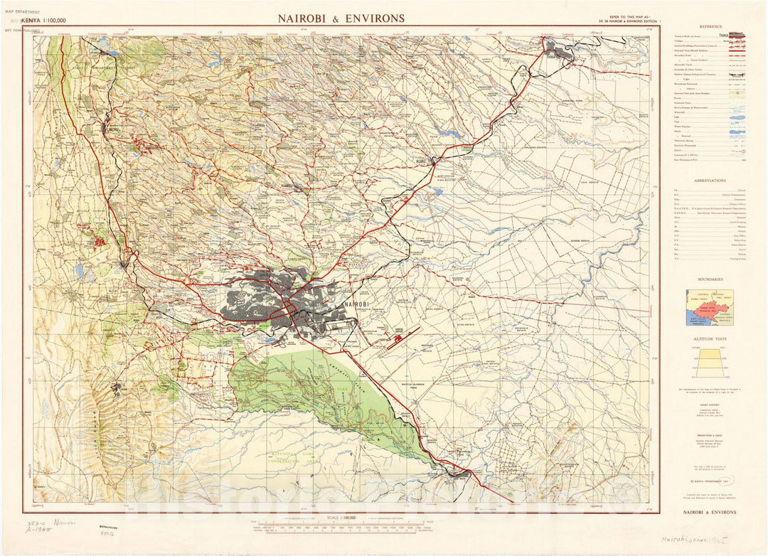 Map : Nairobi, Kenya 1965, Keyna 1:100,000, Nairobi & environs , Antique Vintage Reproduction