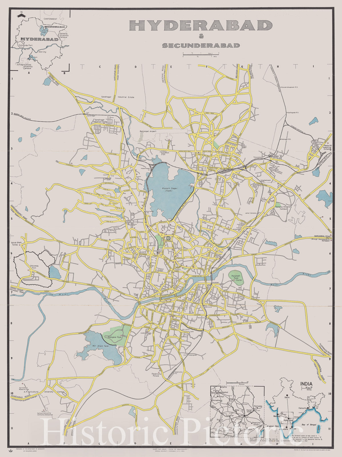 Map : Hyderabad & Secunderabad, India 1967, Hyderabad & Secunderabad, Antique Vintage Reproduction