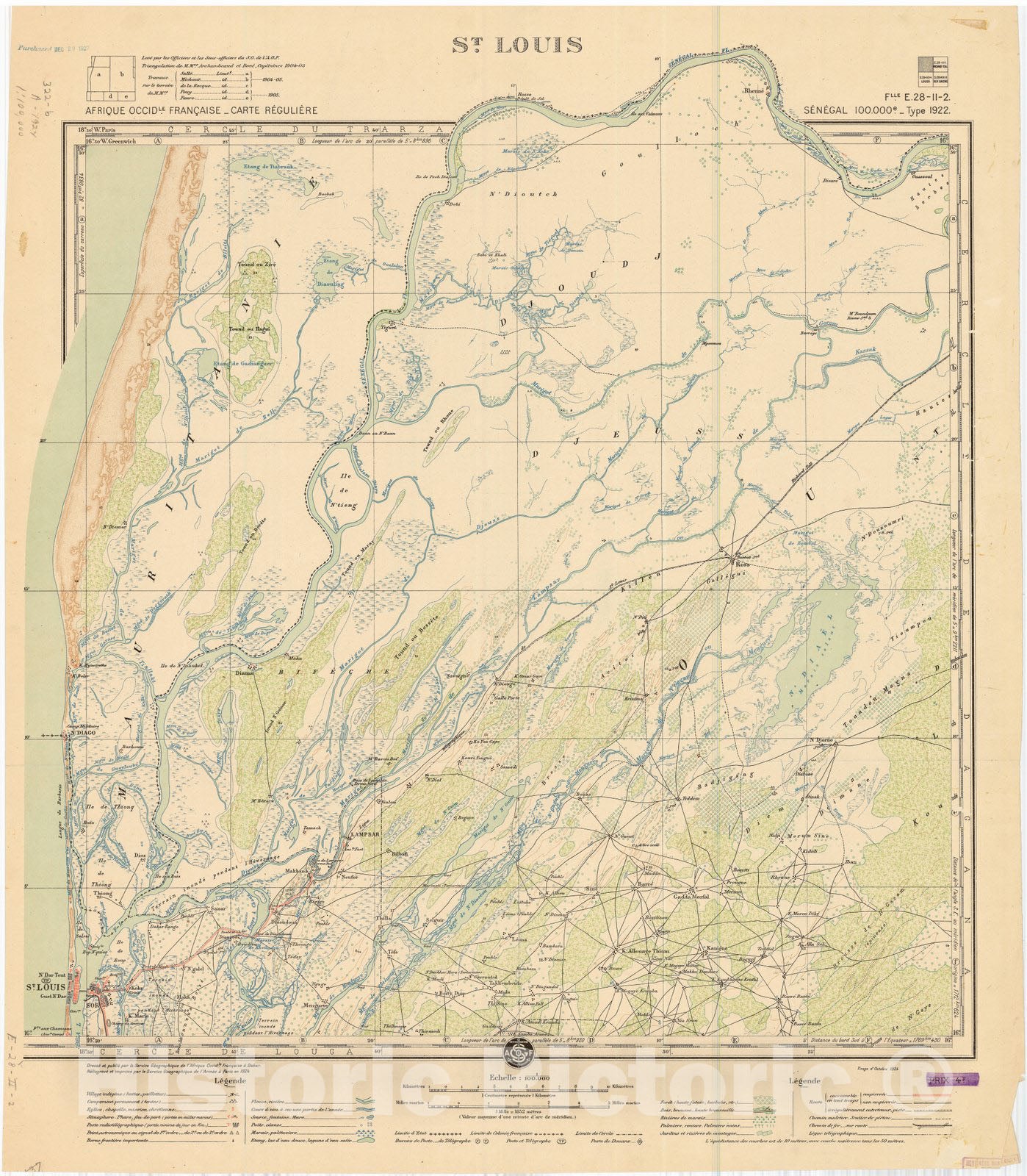 Map : St. Louis, Senegal 1924, Afrique Occidle. Francaise, carte reguliere St. Louis, Senegal, Antique Vintage Reproduction