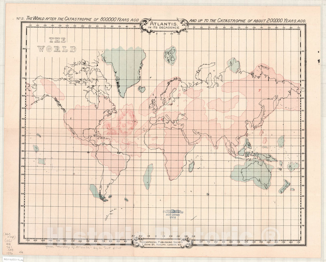 Map : World map 1896, No. 2 The world after the catastrophe of 800,000 years ago and up to the catastrophe of about 200,000 years ago, Atlantis in its decadence