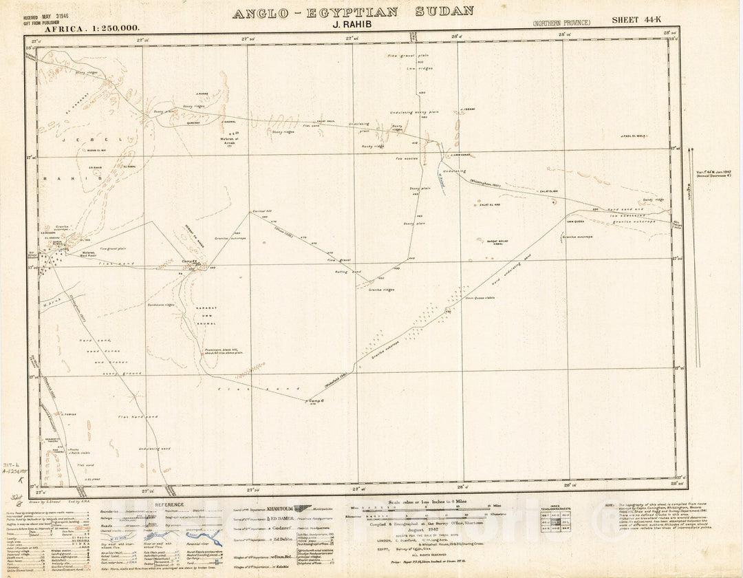 Map : J. Rahib Anglo-Egyptian Sudan 1942, Africa 1:250,000, Anglo-Egyptian Sudan, J. Rahib sheet 44-K , Antique Vintage Reproduction
