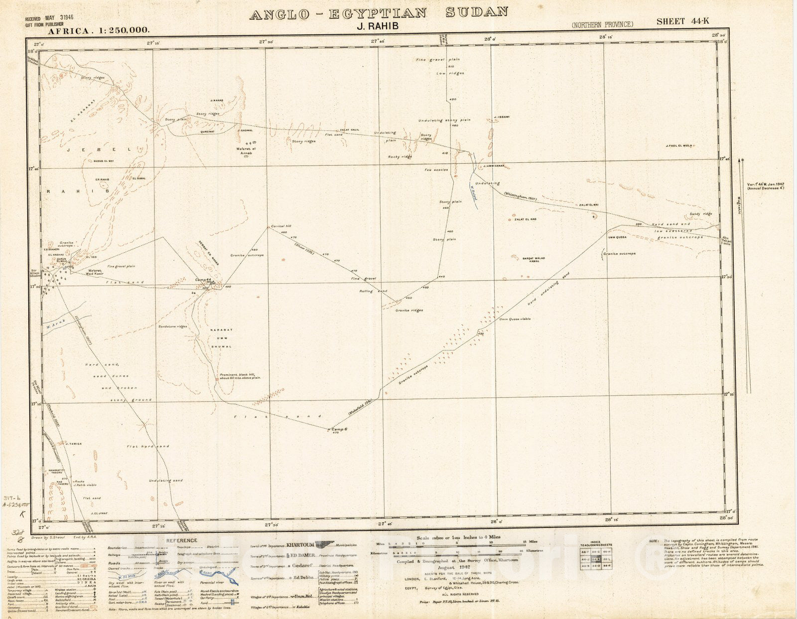Map : J. Rahib Anglo-Egyptian Sudan 1942, Africa 1:250,000, Anglo-Egyptian Sudan, J. Rahib sheet 44-K , Antique Vintage Reproduction