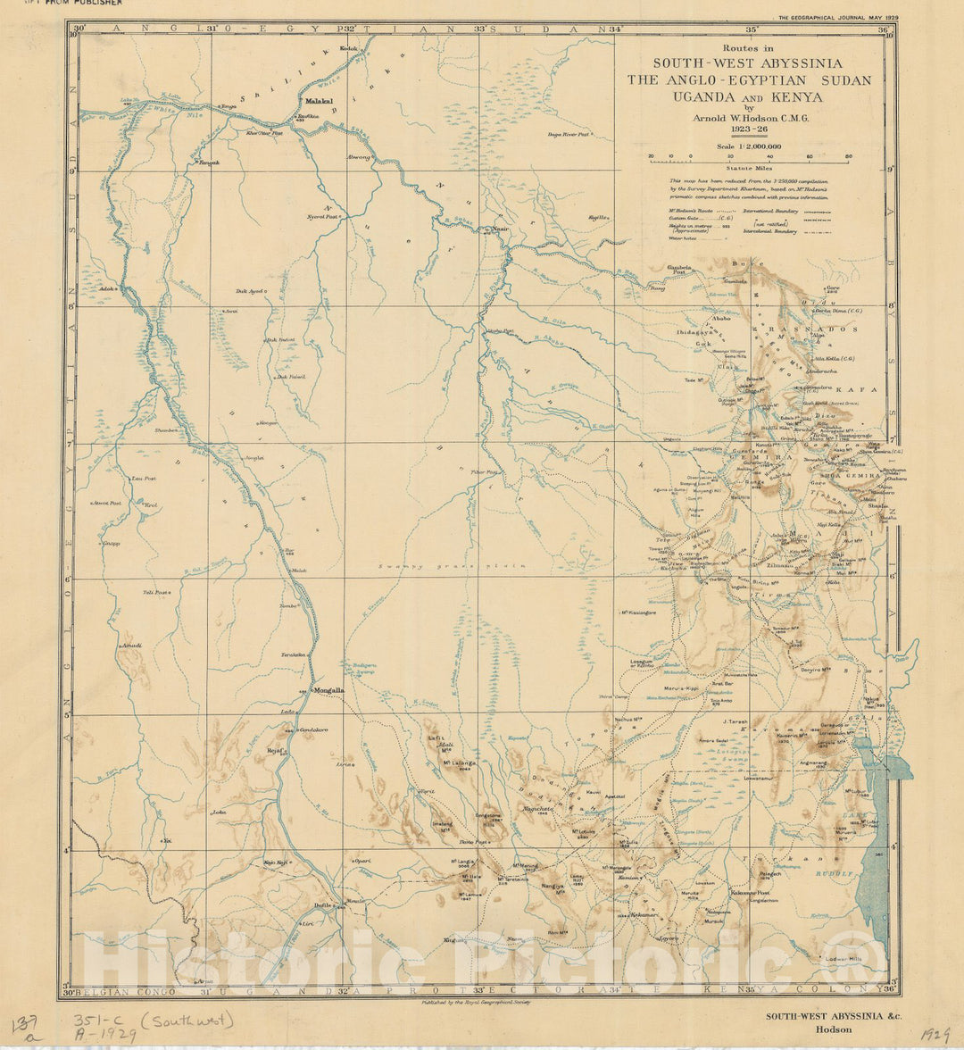 Map : Ethiopia 1929, Routes in south-west Abyssinia, the Anglo-Egyptian Sudan, Uganda and Kenya , Antique Vintage Reproduction