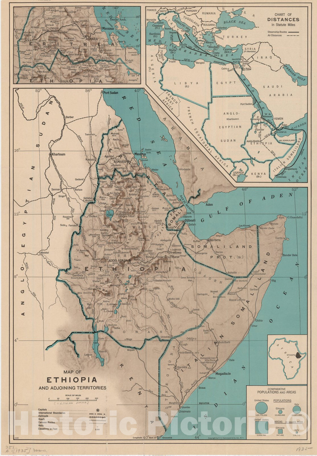 Map : Ethiopia 1935, Map of Ethiopia and adjoining territories, Antique Vintage Reproduction
