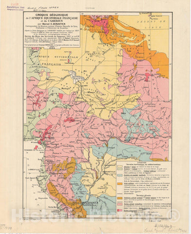Map : Central Africa 1934, Croquis geologique de l'Afrique Equatoriale Francaise et du Cameroun , Antique Vintage Reproduction