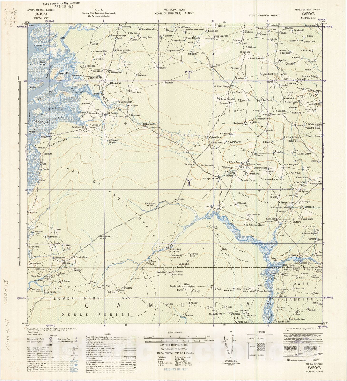 Map : Saboya, Senegal 1942, Africa, Senegal 1:125000 Saboya, Senegal Belt , Antique Vintage Reproduction