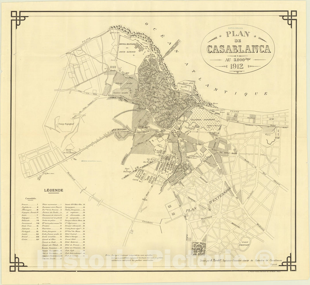 Map : Casablanca, Morocco 1912, Plan de Casablanca , Antique Vintage Reproduction