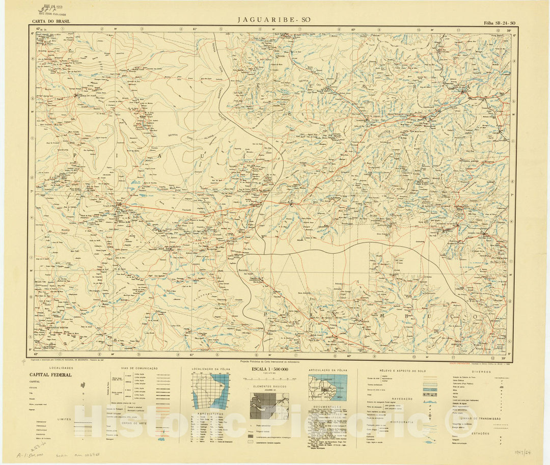 Map : Jaguaribe SO, Brazil 1947, Carta do Brasil , Antique Vintage Reproduction