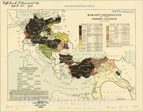 Map : Eurasia 1918, Subject nationalities of the German alliance, Antique Vintage Reproduction