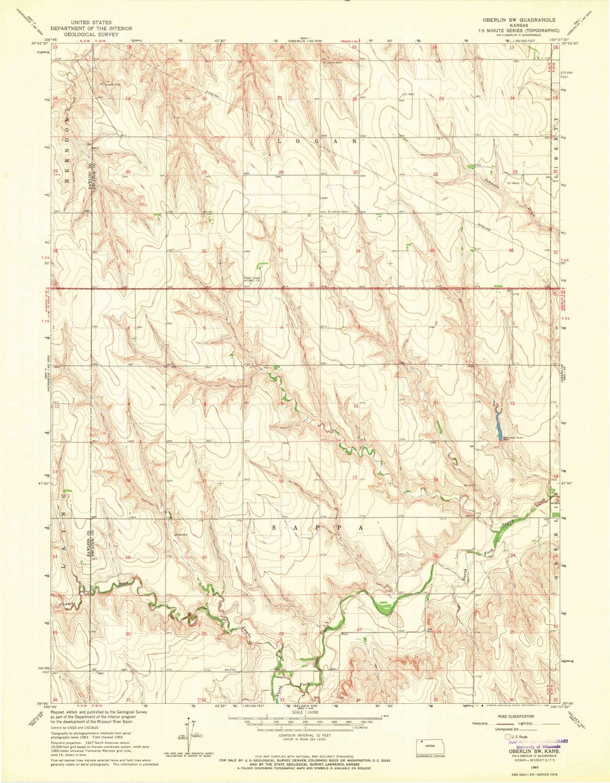 1965 Oberlin, KS - Kansas - USGS Topographic Map