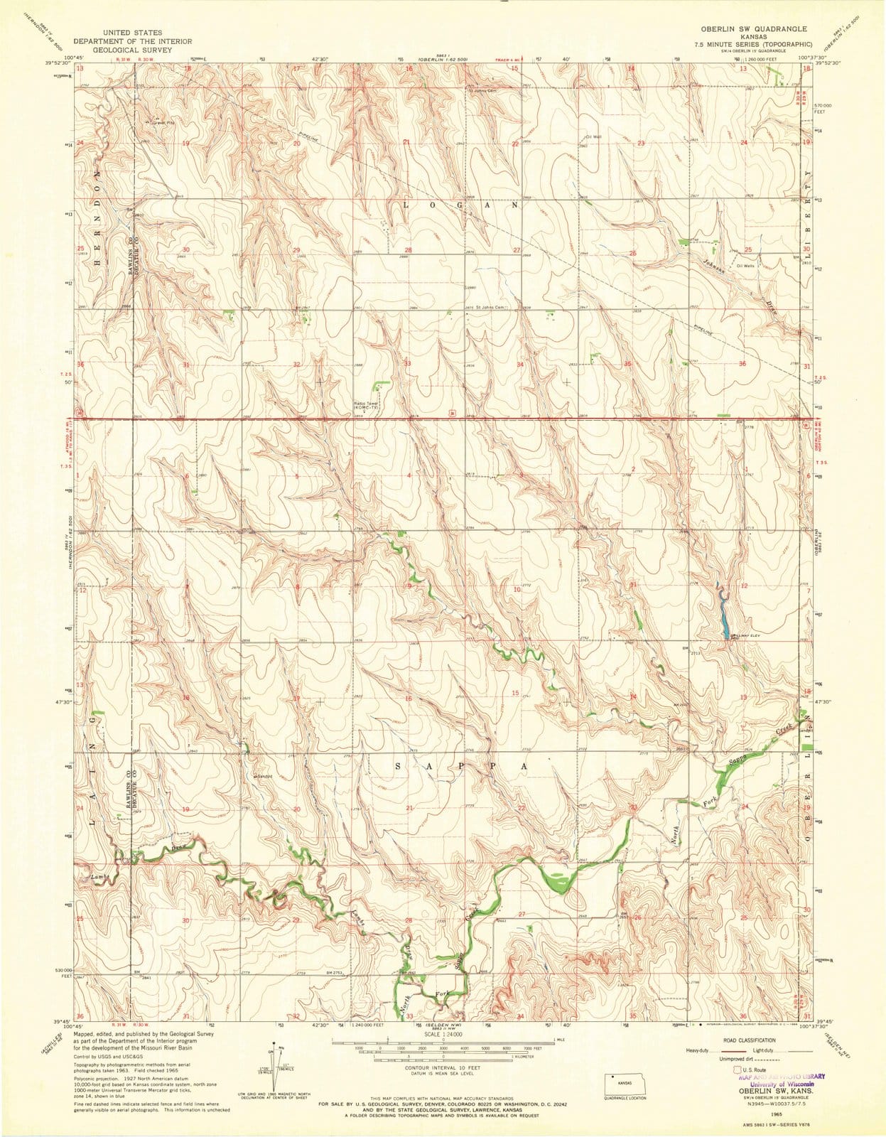 1965 Oberlin, KS - Kansas - USGS Topographic Map