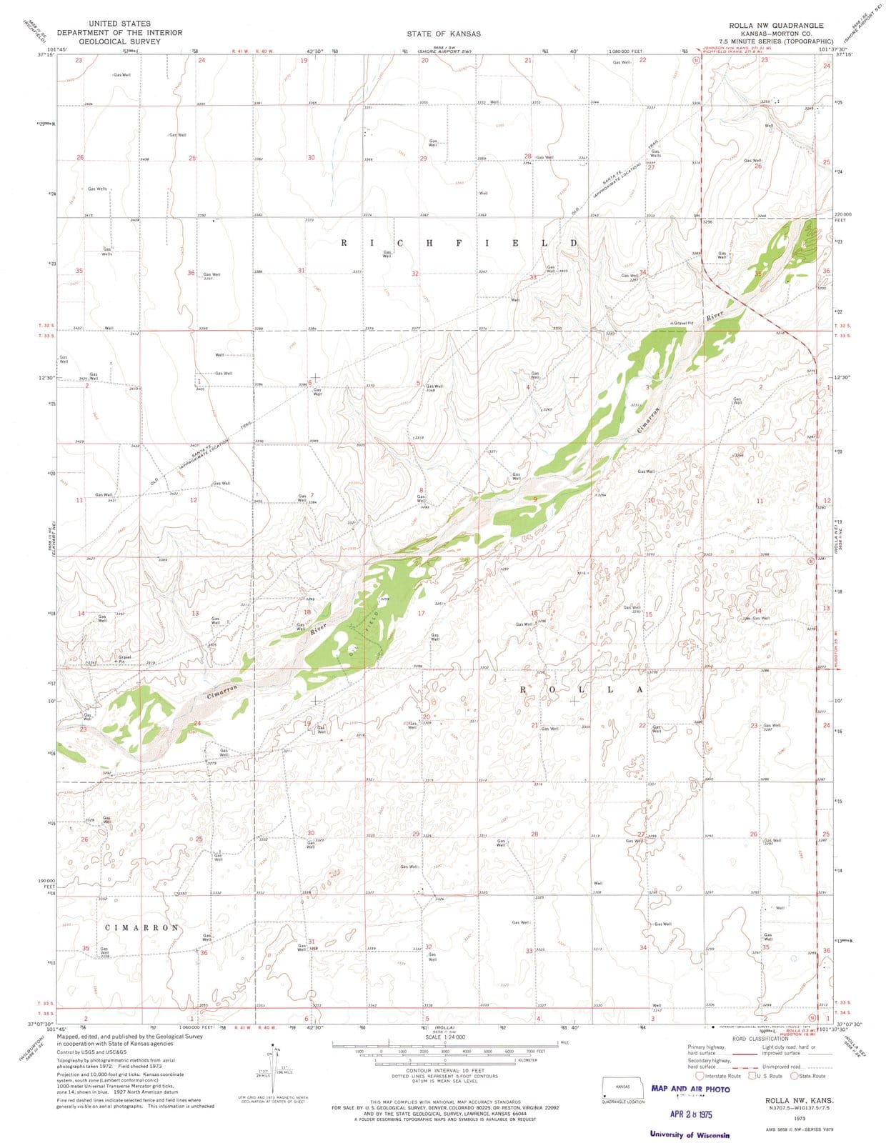 Topography Vector Kansas 1973 Rolla, KS - Kansas - USGS Topographic Map - Historic Pictoric