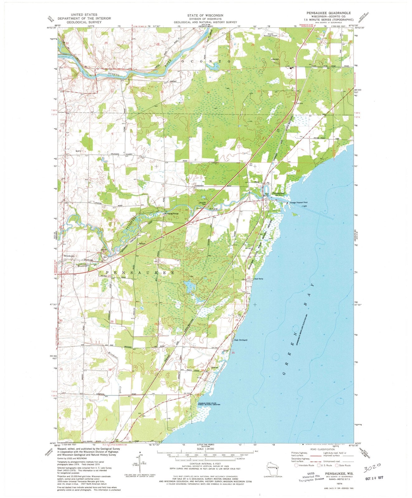 1974 Pensaukee, WI - Wisconsin - USGS Topographic Map