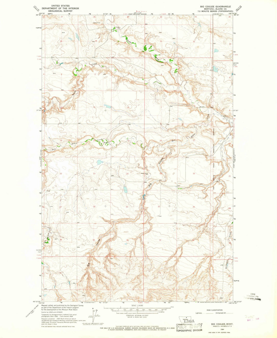 1964 Big Coulee, MT - Montana - USGS Topographic Map