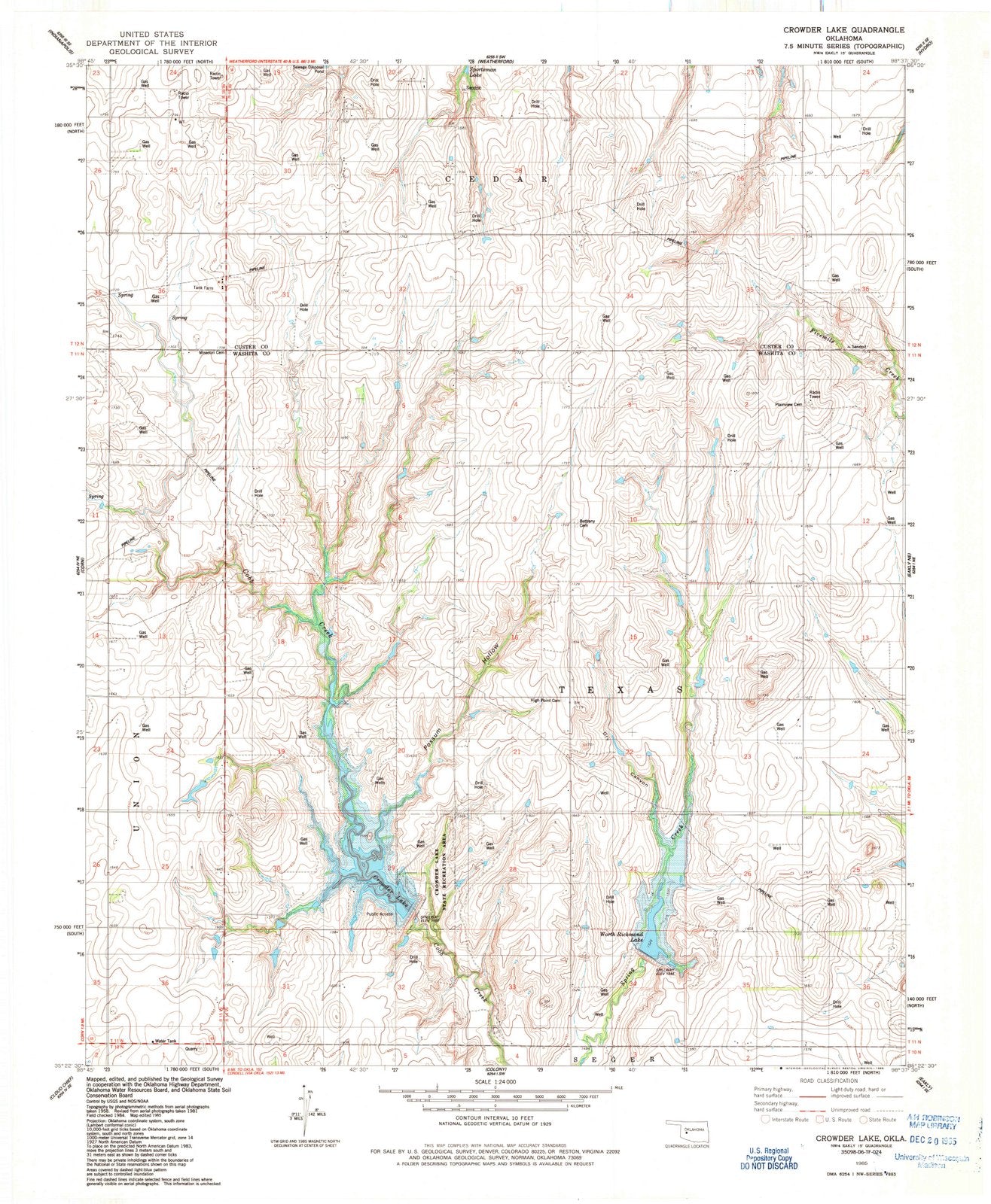 1985 Crowder Lake, OK Oklahoma USGS Topographic Map Historic Pictoric
