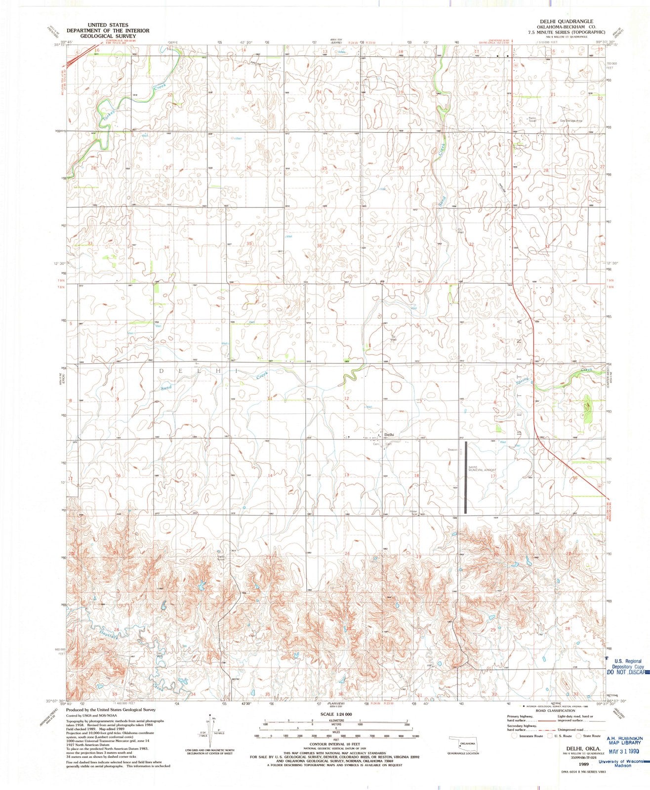 1989 Delhi, OK - Oklahoma - USGS Topographic Map