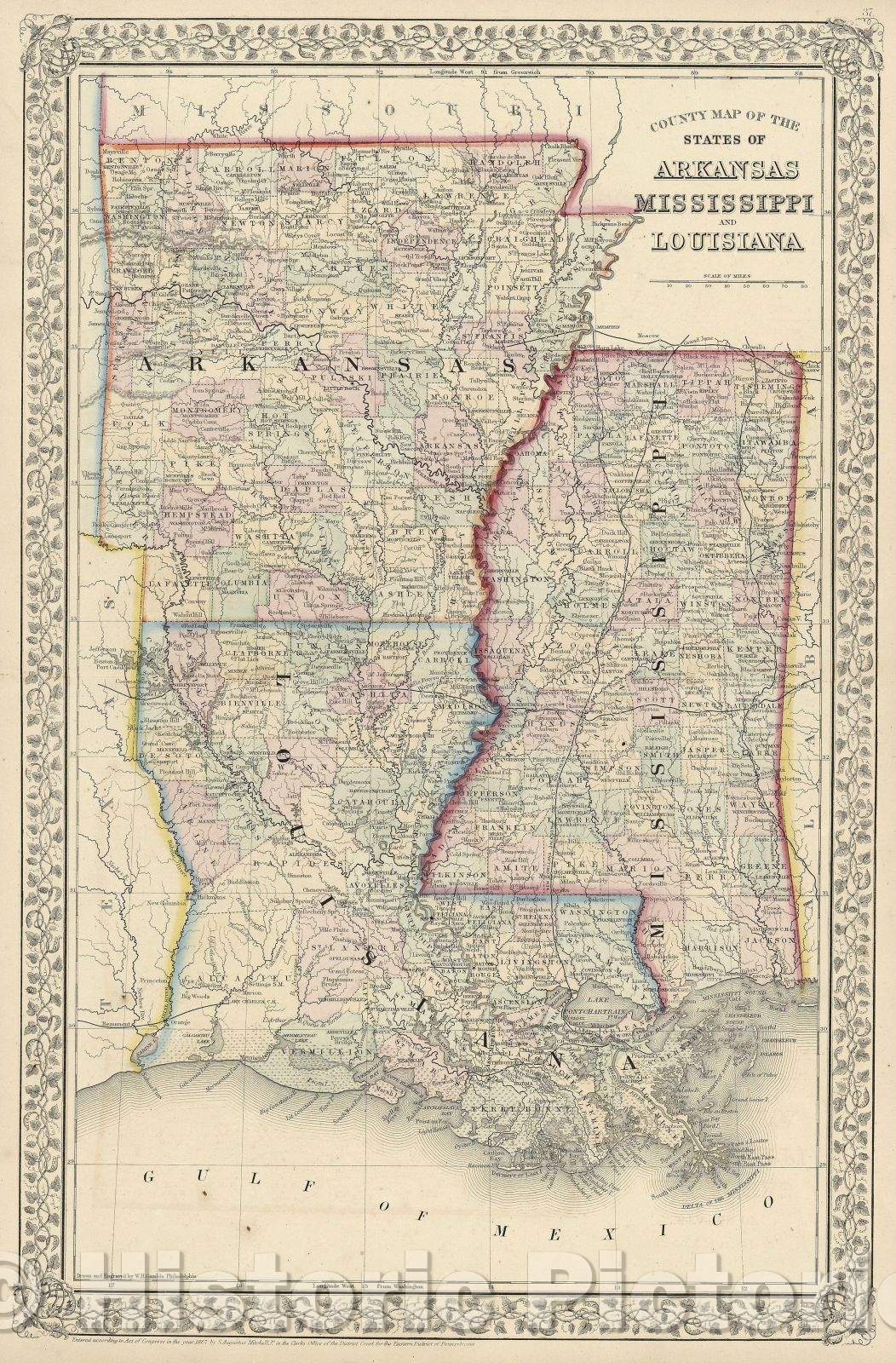 Historic Map : County Map of the States of Arkansas, Mississippi and Louisiana., 1867 , Vintage Wall Art