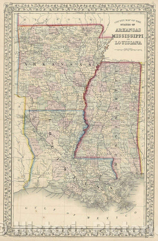 Historic Map : County Map of the States of Arkansas, Mississippi and Louisiana., 1867 , Vintage Wall Art