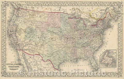 Historic Map : Map of the United States, and Territories. Together with Canada andc., 1867 , Vintage Wall Art