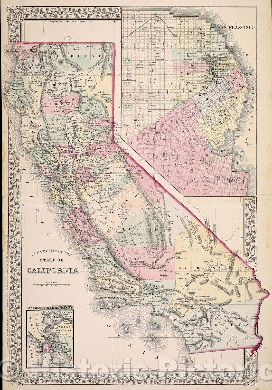 Historic Map : County Map of the State of California., 1870 , Vintage Wall Art