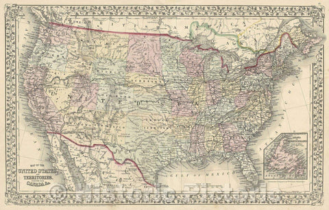 Historic Map : Map of the United States, and Territories Together with Canada andc., 1870 , Vintage Wall Art