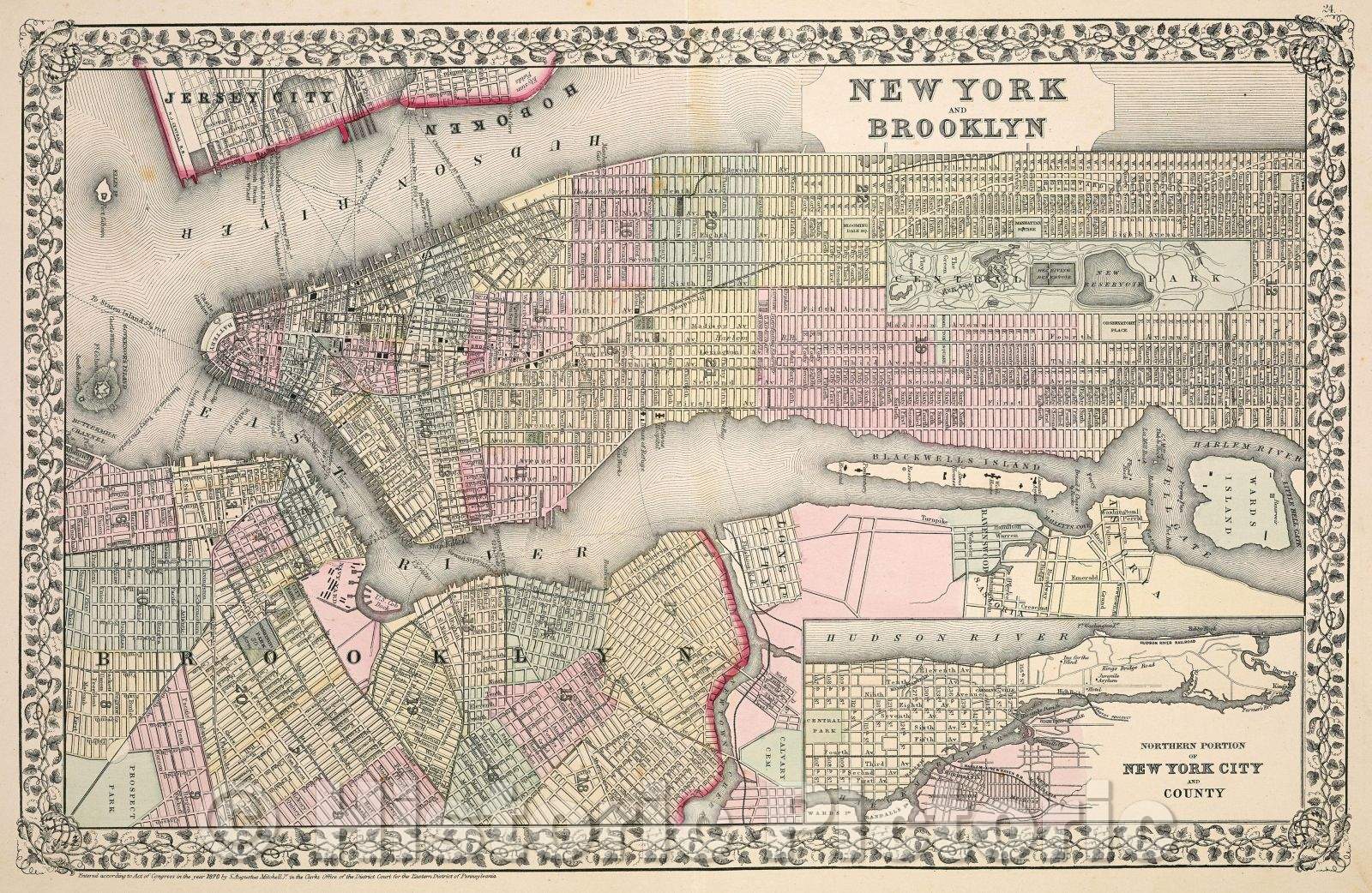 Historic Map : New York and Brooklyn, 1870 , Vintage Wall Art