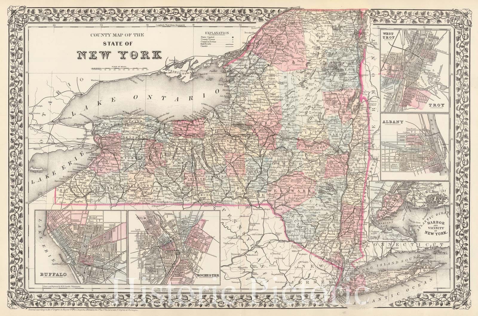 Historic Map : County Map of the State of New York, 1870 , Vintage Wall Art